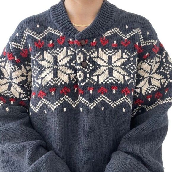 LL Bean Mens Navy Blue Red Lambswool Fair Isle Snowflake Cowl Neck Sweater XXL - Picture 2 of 7